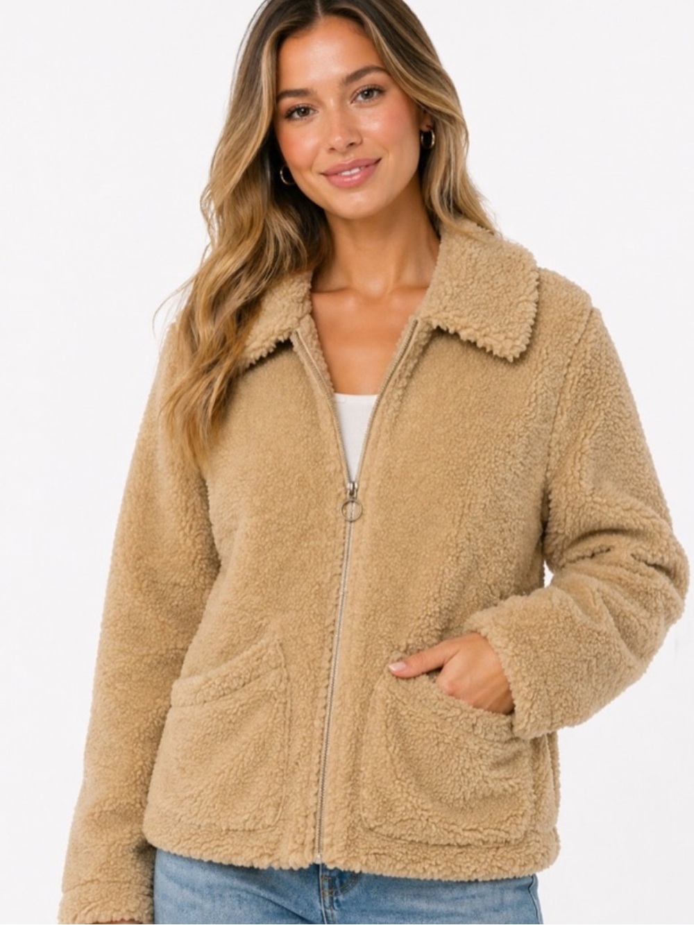 Hollister Light Tan  Teddy Zip Up Jacket